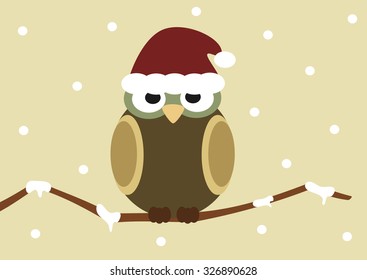 christmas cartoon owl on branch holidays vector illustration 
