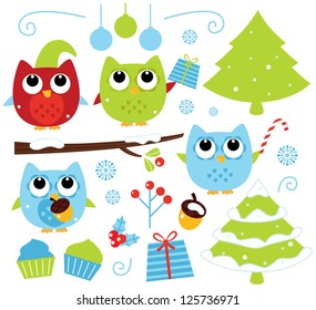 Christmas cartoon owls and decoration set isolated on whiteÃ?Â Ã?Â 