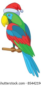 Christmas cartoon: parrot in Santa Claus hat sits on a wooden pole, vector