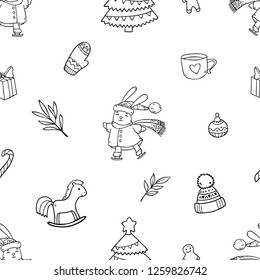 Christmas cartoon pattern with new year cute elements like christmas gift box, bunny, horse, winter hat and so on
