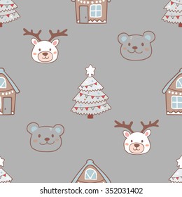 Christmas cartoon pattern with new year cute elements like christmas tree, gingerbread, deer, bear