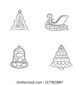 Christmas cartoon patterns for festive design. Sledge tree and bell on a white background contour pattern