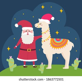 Caricatura de Navidad peruana llama alpaca y diseño gráfico vectorial de Santa Claus. Animal con capa de color peruano sobre la espalda. Cactus verdes con flor rosa. Ilustración del vector fondo azul oscuro