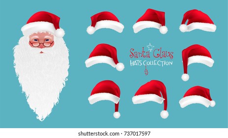 Christmas Cartoon Photo Booth Props collection: Santa Claus hat, glasses, costume, isolated. Decorative elements for Merry Christmas, Happy New Year, Xmas Eve Party. Hand drawn vector illustration.
