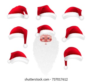 Christmas Cartoon Photo Booth Props collection: Santa Claus hat, glasses, costume, isolated. Decorative elements for Merry Christmas, Happy New Year, Xmas Eve Party. Hand drawn vector illustration.