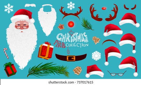 Christmas Cartoon Photo Booth Props collection: Santa Claus hat, reindeer costume,... isolated. Decorative elements for Merry Christmas, Happy New Year, Xmas Eve Party. Hand drawn vector illustration.