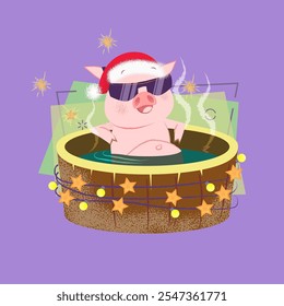 Christmas cartoon pig wearing sunglasses enjoying spa resort and having bath outdoors. Christmas vacation concept. Vector illustration can be used for posters, flyers, party invitations