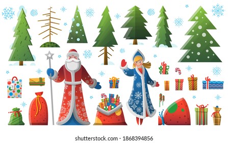 Christmas cartoon presents, fir tree, Father Frost, Snow Maiden collection. Happy New Year set of presents and elements for greeting card, background, wrapping or pattern. Isolated vector illustration