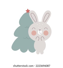 Christmas cartoon Rabbit. Vector print on the white background. For kids stuff, card, posters, banners, children books, printing on the pack, clothes, fabric, wallpaper, textile or dishes.