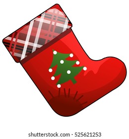 Christmas cartoon red boot of Santa Claus with patch isolated on white background. Vector cartoon close-up illustration.