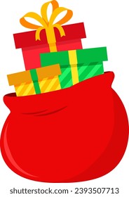 Christmas Cartoon Red Open Santa Bag With Gifts. Vector Illustration Flat Design Isolated On Transparent Background