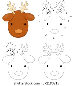 Christmas cartoon reindeer. Coloring book and dot to dot educational game for kids