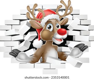 A Christmas cartoon reindeer in Santa hat breaking through a brick wall

