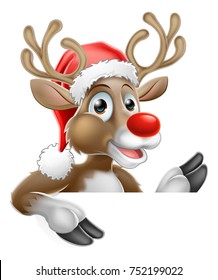 Christmas cartoon of Reindeer in Santa hat peeing out and pointing down from behind sign