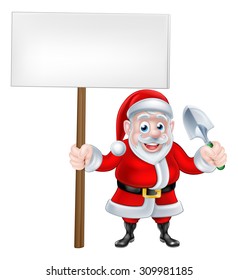 A Christmas cartoon of Santa Claus holding a sign and trowel spade