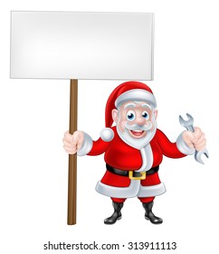 A Christmas cartoon of Santa Claus holding a sign and spanner