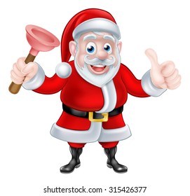 Christmas cartoon Santa Claus holding rubber plunger and giving a thumbs up