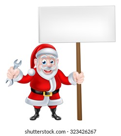A Christmas cartoon of Santa Claus holding a spanner and sign board