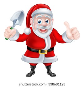 Christmas cartoon Santa Claus holding gardening trowel spade and giving a thumbs up