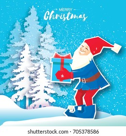 Christmas cartoon of Santa Claus holding a Gift box with bow. Paper Cut Merry Christmas Greeting card. Origami Winter season. Happy New Year. Snowy forest. Elf. Blue background. Vector illustration