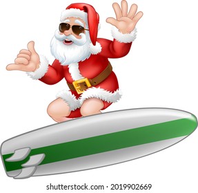 Christmas cartoon of Santa Claus in Sunglasses shades Surfing on his surfboard while doing a Shaka hand sign 