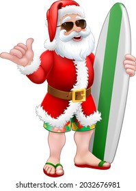 Christmas cartoon of Santa Claus in sunglasses shades with his surfboard doing a Shaka hand sign 