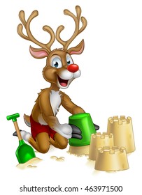 Christmas cartoon of Santa Clauss red nosed reindeer playing on a beach making sandcastles