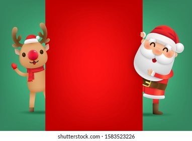 Christmas cartoon Santa and Deer sneaked behind the red board for text. Vector illustration with copy space.