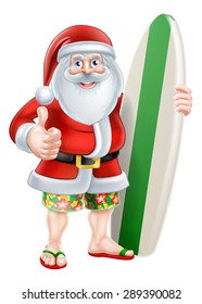 Christmas cartoon of Santa giving a thumbs up in his board shorts and sandals holding a surf board