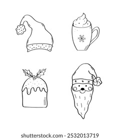 Christmas cartoon Santa, hat, festive pie, hot chocolate. Vector illustration of doodle icons.