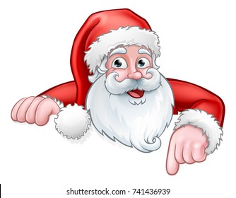 Christmas cartoon of Santa peeing out and pointing down from behind sign