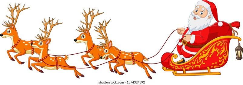 Christmas Cartoon Santa with Reindeer Sleigh 