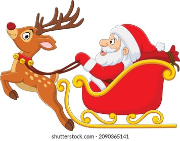 Christmas cartoon santa with reindeer sleigh 