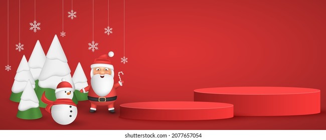 Christmas cartoon scene for display your product. Emotional cartoon santa and snowman on the background of decorative fir tree with falling snowflakes. 3d vector podium platform. EPS 10