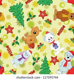 Christmas cartoon seamless background for holiday design with toys characters. Vector