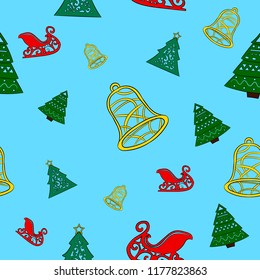 Christmas cartoon seamless background for holiday design, white contours on blue