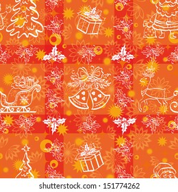 Christmas cartoon seamless background for holiday design, white contours on red. Vector