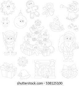 Christmas cartoon set: Santa, elf, angel, new year tree, candy cane, snowflake, reindeer, fireplace, candle, mittens, ball, bells, gift box, hat