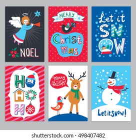 Christmas cartoon set with wishes, deer, Santa Claus, snowman, ball, birds and wreath. Vector illustration.