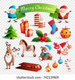 Christmas cartoon set with young and old santa, festive decorations, sleigh on transparent background isolated vector illustration