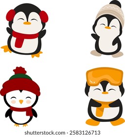 christmas, cartoon, snowman, vector, winter, holiday, illustration, penguin, santa, snow, hat, xmas, cute, animal, funny, character, art, set, design, celebration, bird, cold, happy, love, fun