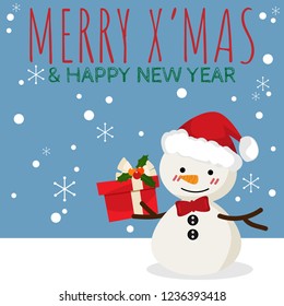 Christmas cartoon of a snowman wear Santa hat hold a gift box with holly berries branch on ribbons on snow floor and MERRY X'MAS & HAPPY NEW YEAR text with snowfall on blue background.