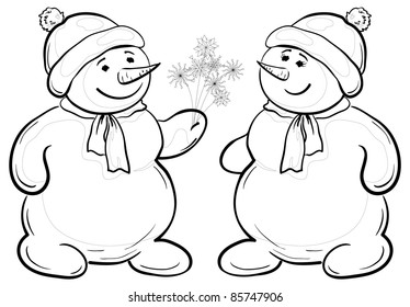 Christmas cartoon, snowmens children with snowy flowers, contours. Vector
