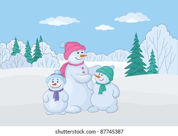 Christmas cartoon: snowmens mother and childrens in the winter forest. Vector