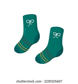 Christmas cartoon socks. Simple winter or autumn pair socks with striped and bow. Vector illustration isolated on white background