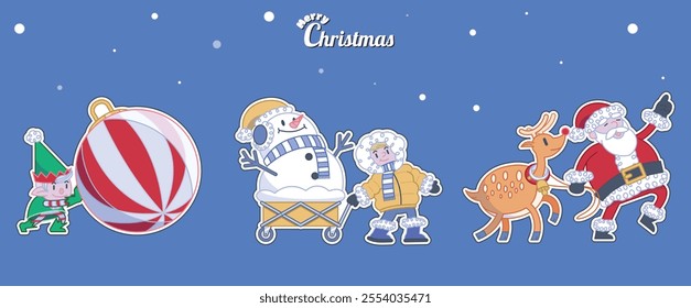 Christmas Cartoon Style Characters walking. Christmas elf Rolling Christmas Ball. Boy Pulling Trolly Carrying a Snow Man. Santa Claus Leading Reindeer. Greeting Stickers Character.