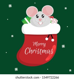 Christmas cartoon style sock with mouse and gifts. Merry Christmas and Happy New Year. Vector illustration. Background Wallpaper.