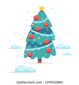 Christmas cartoon tree decorated balls and garland. Vector flat icon isolated on white background.