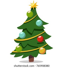 Christmas cartoon tree decorated with glass balls and a golden star on top. Vector flat icon isolated on white background.