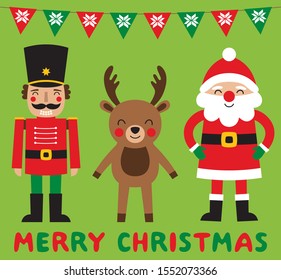 Christmas cartoon vector characters, Santa Claus, a deer, a nutcracker